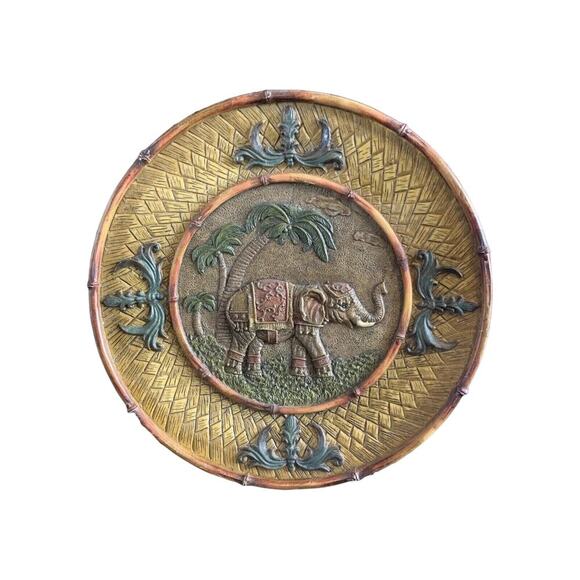 9” Vintage Elephant Art India Wall Hanging Decor Palm Trees Bamboo Resin - Picture 1 of 7